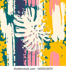 Modern Hawaiian abstract creative seamless pattern in vector. Contemporary tropical abstract collage with various plants, geometric shapes. Exotic design for paper, cover, fabric, interior decor, etc.