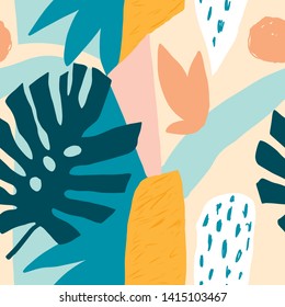 Modern Hawaiian seamless pattern in vector. Contemporary tropical abstract collage with various of plants and geometric shapes. 