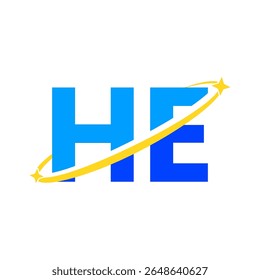 Modern HE monogram logo with dynamic yellow swoosh and stars, symbolizing innovation, motion, and excellence. Perfect for tech or space-themed branding.