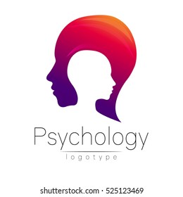 Modern head logo of Psychology. Profile Human. Creative style. Logotype in vector. Design concept. Brand company. Violet red color isolated on white background. Symbol for web, print, card. Keyhole