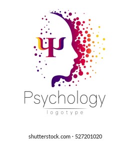 Modern head logo of Psychology. Profile Human. Letter Psi. Creative style. Logotype in vector. Design concept. Brand company. Violet color isolated on white background. Symbol for web, print