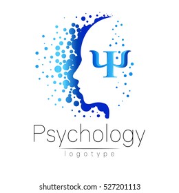 Modern head logo of Psychology. Profile Human. Letter Psi. Creative style. Logotype in vector. Design concept. Brand company. Blue color isolated on white background. Symbol for web, print