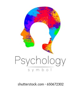 Modern head logo of Psychology. Profile Human. Creative style. Logotype in vector. Design concept. Brand company. Rainbow brush strokes isolated on white background. Symbol for web, print card, flyer.