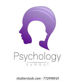 Modern head logo of Psychology. Profile Human. Creative style. Logotype in vector. Design concept. Brand company. Violet color isolated on white background. Symbol for web, print, card, flyer.