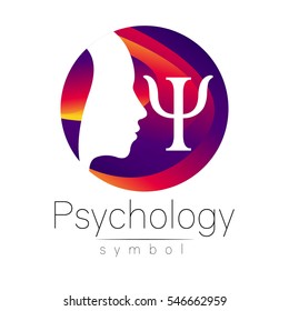 Modern head Logo sign of Psychology. Profile Human. Letter Psi. Creative style. Symbol in vector. Design concept. Brand company. Violet color isolated on white background. Icon for web, logotype.