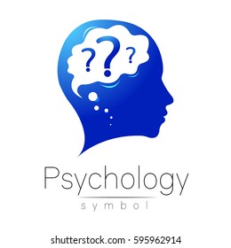Modern head with question inside brain . sign of Psychology. Profile Human. Creative style. Symbol in vector. Design concept. Blue color isolated on white background. Icon for web, logotype, logo.