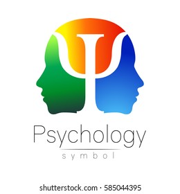 Modern head sign Logo of Psychology. Profile Human. Letter Psi. Symbol in vector. Yellow green blue color isolated on white background. Icon for web, logotype. Gradient