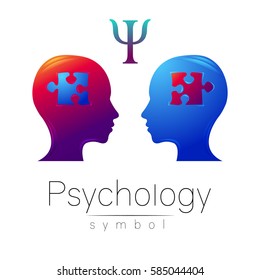 Modern head sign Logo  of Psychology. Profile Human. Letter Psi. Puzzle. Creative style. Symbol in vector.  Violet blue color isolated on white background. Icon for web, logotype