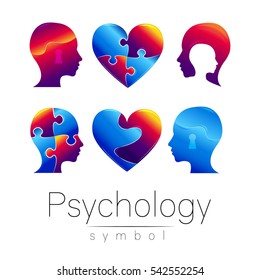 Modern head sign Set of Psychology. Profile Human. Creative style. Symbol in vector. Design concept. Brand company. Green orange blue violet color isolated on white background. Icon for web. Logotype.