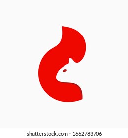 Modern head of squirrel logo in negative space with big tail.