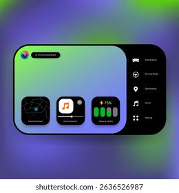 Modern head unit user interface for a smart car, featuring AI driving assistant, travel navigation, entertainment controls, and battery health monitoring