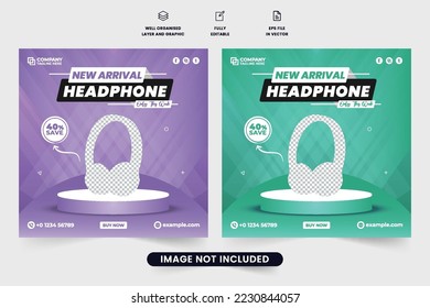 Diseño moderno de entradas en redes sociales para audífonos con fondo morado y verde. Vector de plantilla de promoción de marca de auriculares inalámbricos. Diseño de banner web de venta de auriculares para marketing digital.