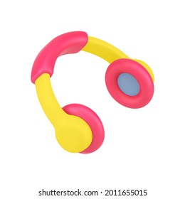 Modern headphones 3d icon. Yellow audio headset with red accents. Accessory for audio listening and games. Stereo earphone for online mobile entertainment. Realistic isolated vector