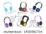 Modern headphones flat illustration set. Cartoon headsets and earphones for listening to music isolated vector illustration collection. Entertainment and accessory concept