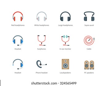 Modern headphones vector color icons set. Music and technology items. Multimedia and technology concept, headphones, headset,  earphones, cable, pc and loud speakers. Isolated on white background