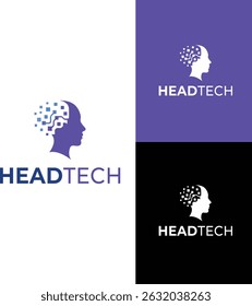 Modern HeadTech Logo with Digital Pixel Brain – Technology and AI Concept

