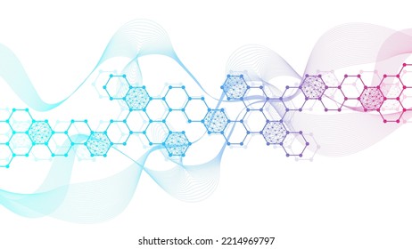 La atención médica moderna tiene un fondo abstracto con líneas, puntos y hexágonos. Concepto de patrón de banner de innovación médica. Flujo de ondas. Ilustración del vector