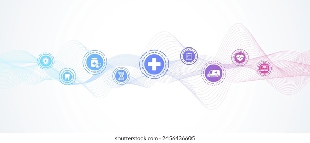 Modern health care banner template with flat icons. Medical innovation concept for header, web banner, website, presentation. Vector illustration.