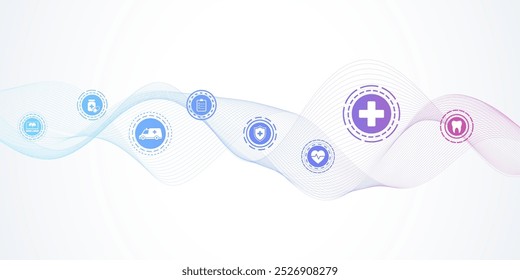 Modelo moderno de banner de cuidados de saúde com ícones planos. Conceito de inovação médica para cabeçalho, banner da web, site, apresentação. Ilustração vetorial.