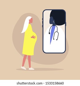 Modern health care concept, Young blonde pregnant woman using an online app to consult with a doctor