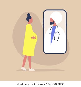 Modern health care concept, Young caucasian pregnant woman using an online app to consult with a doctor