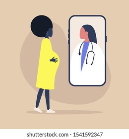 Modern health care concept, Young black pregnant woman using an online app to consult with a doctor