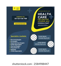 Modern Health Care Flyer Featuring Available Specialists, A visually appealing, modern flyer promoting health care services.