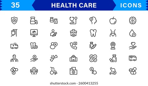 Modern Health Care Icon Pack. Clean and Minimal Medical Vector Illustrations Symbols for Design Projects