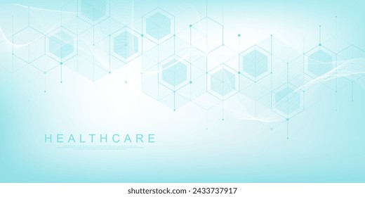 Modern health care or medical background design. Health care innovation concept. Horizontal header web banner. Abstract geometric background with hexagon shapes for medicine, science, chemistry.