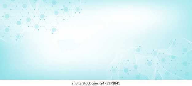 Modern health care or medical background design. Health care innovation concept. Horizontal header web banner. Abstract geometric background with hexagon shapes for medicine, science, chemistry.