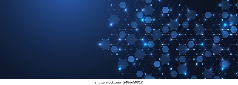 Cuidado de la salud moderno o diseño de antecedentes médicos. Concepto de innovación en salud. Anuncio de Web de cabecera Horizontal. Fondo geométrico Abstractas con Formas hexagonales para medicina, ciencia, química.