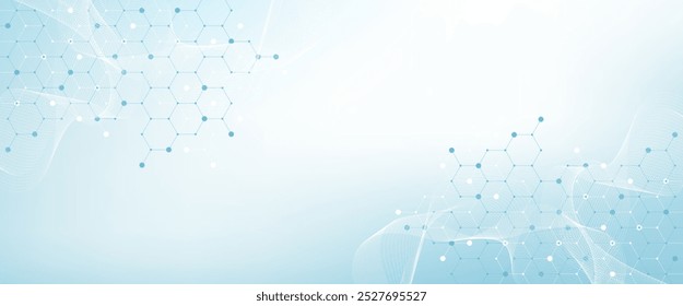 Cuidados de saúde modernos ou design de fundo médico. Conceito de inovação na área da saúde. Banner da Web do cabeçalho horizontal. Fundo geométrico abstrato com formas hexágono para medicina, ciência, química.