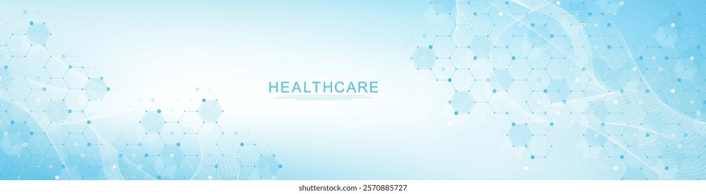 Modern health care or medical background design. Health care innovation concept. Horizontal header web banner. Abstract geometric background with hexagon shapes for medicine, science, chemistry.