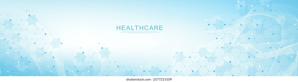 Modern health care or medical background design. Health care innovation concept. Horizontal header web banner. Abstract geometric background with hexagon shapes for medicine, science, chemistry.