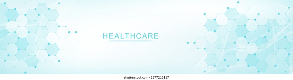 Modern health care or medical background design. Health care innovation concept. Horizontal header web banner. Abstract geometric background with hexagon shapes for medicine, science, chemistry.