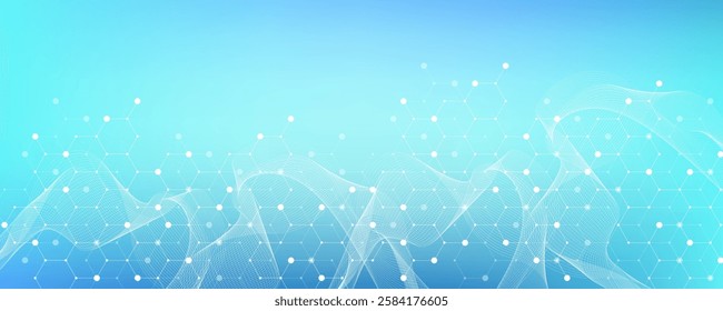 Modern health care or medical background design. Health care innovation concept. Horizontal header web banner. Abstract geometric background with hexagon shapes for medicine, science, chemistry.