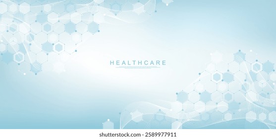 Modern health care or medical background design. Health care innovation concept. Horizontal header web banner. Abstract geometric background with hexagon shapes for medicine, science, chemistry