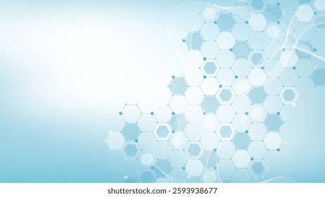 Modern health care or medical background design. Health care innovation concept. Horizontal header web banner. Abstract geometric background with hexagon shapes for medicine, science, chemistry