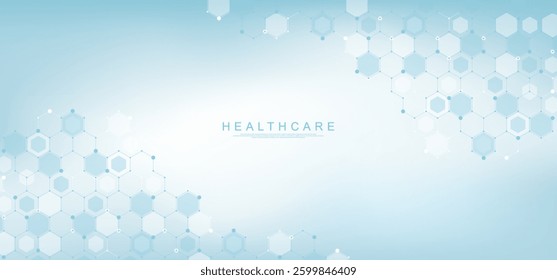Modern health care or medical background design. Health care innovation concept. Horizontal header web banner. Abstract geometric background with hexagon shapes for medicine, science, chemistry.