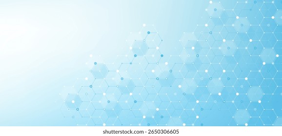 Modern health care or medical background design. Health care innovation concept. Horizontal header web banner. Abstract geometric background with hexagon shapes for medicine, science, chemistry
