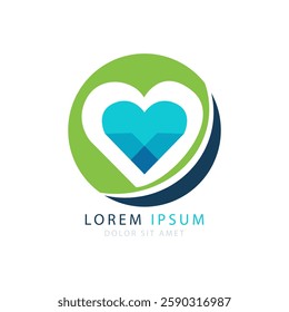 Modern Health Care and Medical Concept Heart-Shaped Logo in Green and Blue Color, Isolated on White Background, Vector Illustration