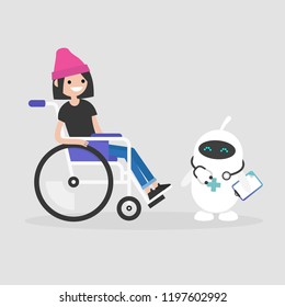 Modern health care. New technologies. Young disabled character sitting in a wheelchair. Disability. Cute white doctor robot. Flat editable vector illustration, clip art