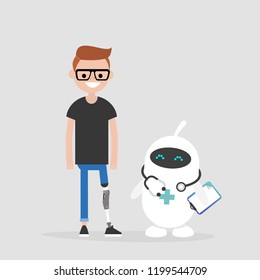 Modern health care. New technologies. Young male disabled character with prosthetic lower limb. Lifestyle. Disability. Cute white doctor robot.