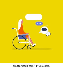 Modern health care. New technologies. Young disabled female character sitting in a wheelchair. Disability. Cute white doctor robot. Flat editable vector illustration, clip art