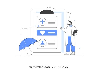 Serviços de saúde modernos e conceito de medicina. Médico que apresenta contrato de seguro de saúde com guarda-chuva. Ilustração plana de vetor de desenhos animados, ícone. Elegante abstrato moderno