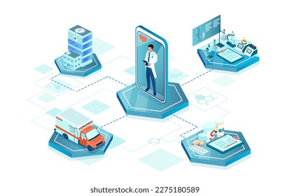 Modern health care and technology concept. Vector of a centralized network of a healthcare provider 