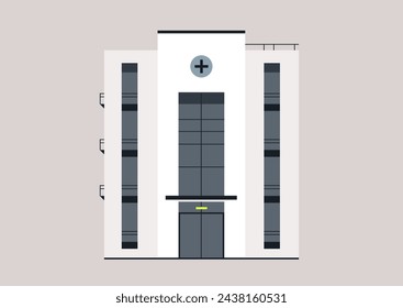 Modern Health Clinics, A Sanctuary of Healing, A sleek hospital facade stands against a plain backdrop, signaling care within