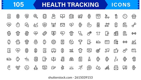 Modern Health Tracking Icon Set Vector Illustration. Featuring Essential Fitness, Activity, and Health Monitoring Symbols