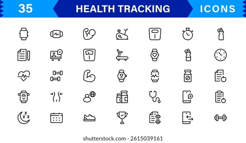 Modern Health Tracking Icon Set Vector Illustration. Featuring Essential Fitness, Activity, and Health Monitoring Symbols