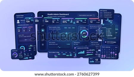Modern healthcare admin dashboard interface set with tablet and mobile screens showing patient flow, triage, vitals, scheduling, alerts, and hospital analytics in pastel neon style.